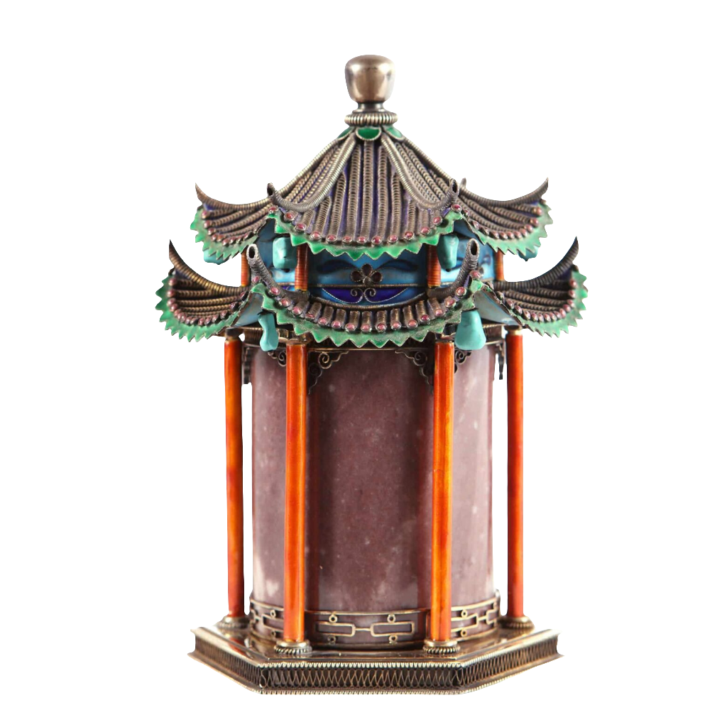 Chinese silver gilt, jade and enamel pagoda temple casket