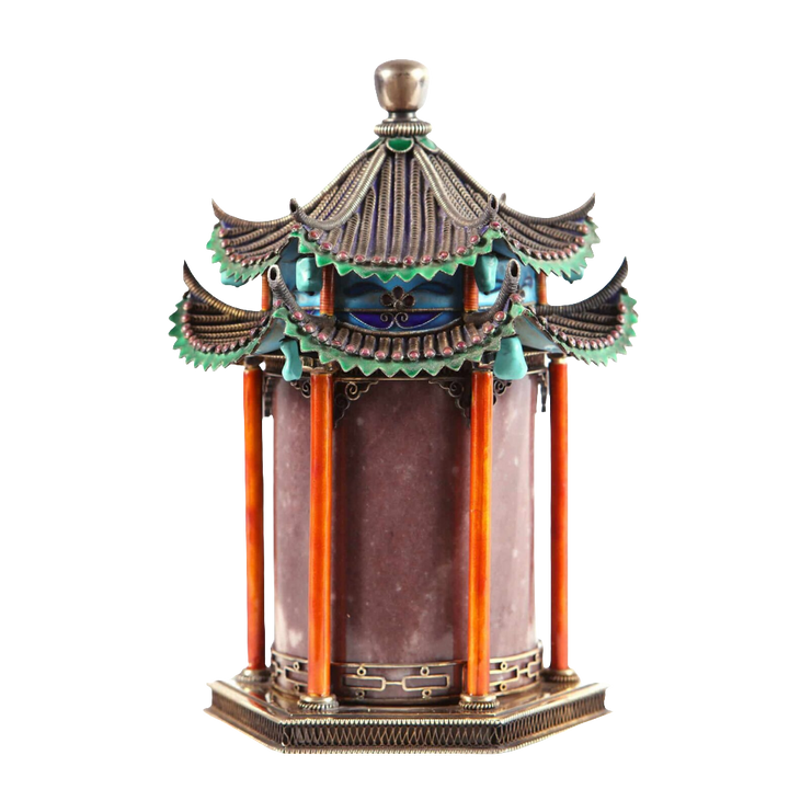 Chinese silver gilt, jade and enamel pagoda temple casket