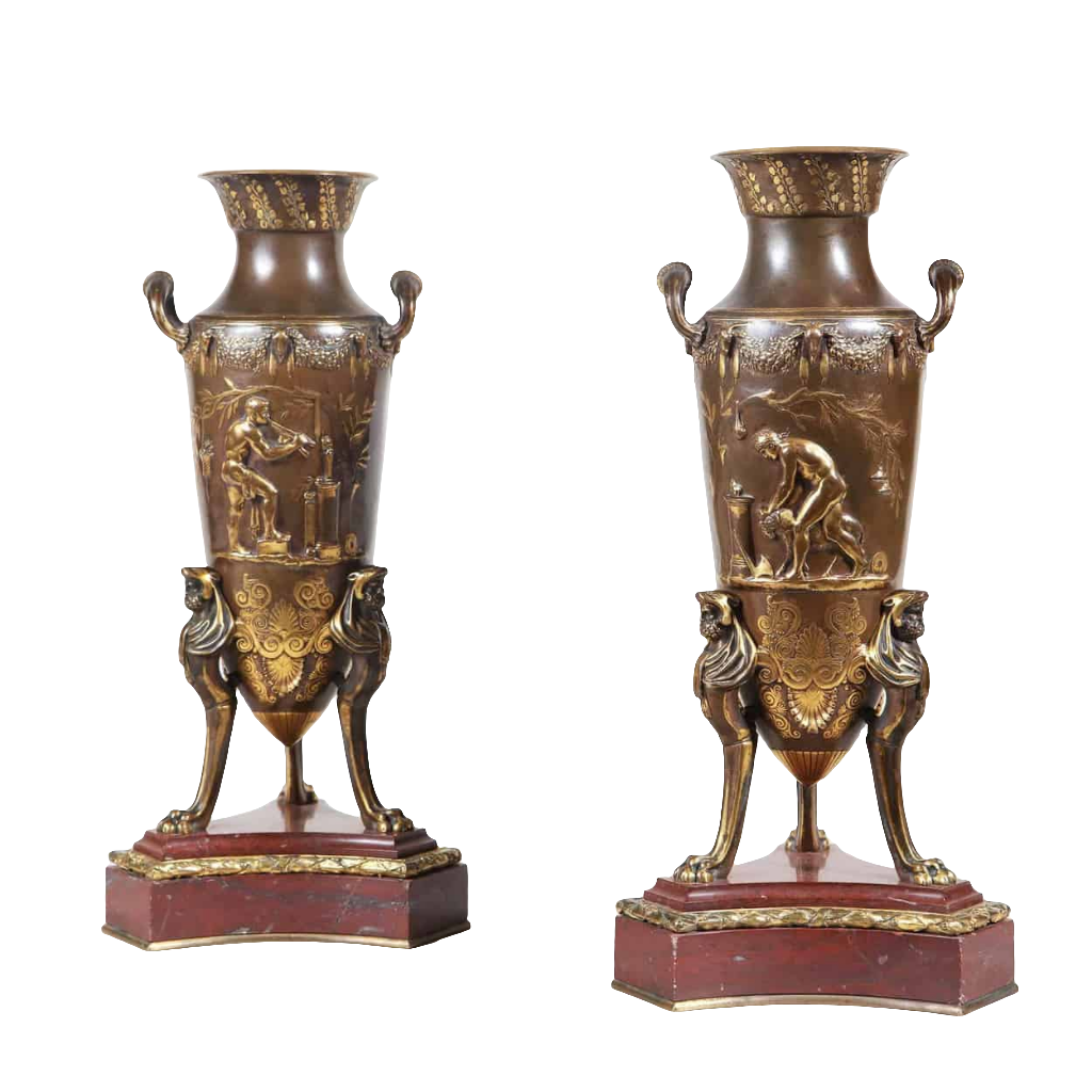 Pair of Bronze Vases on Rouge Griotte Marble Bases