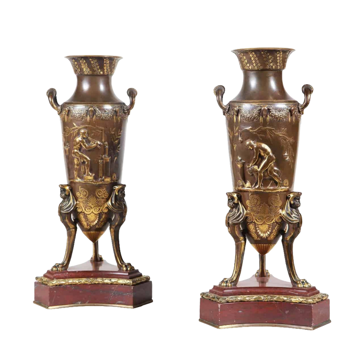 Pair of Bronze Vases on Rouge Griotte Marble Bases