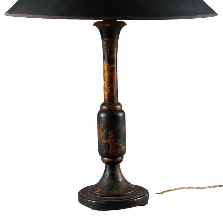 Chinoiserie Black and Gilt lacquered Table Lamp with detailed oriental designs and black shade, continental circa 1900.