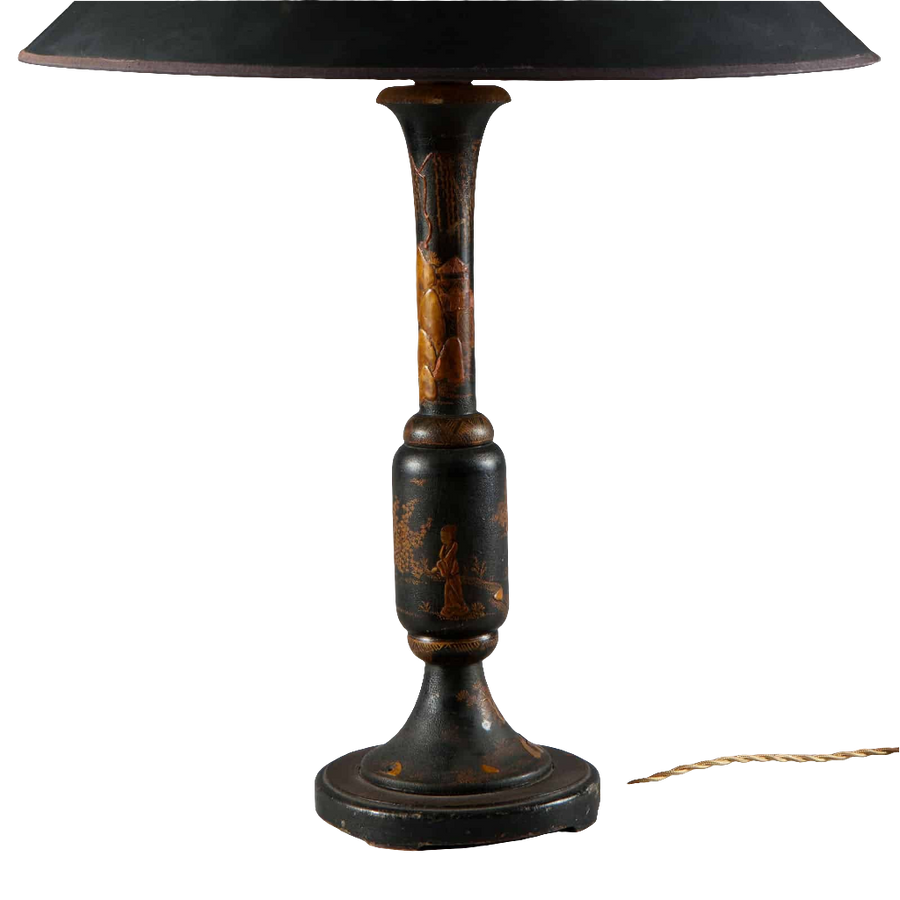 Chinoiserie Black and Gilt lacquered Table Lamp with detailed oriental designs and black shade, continental circa 1900.