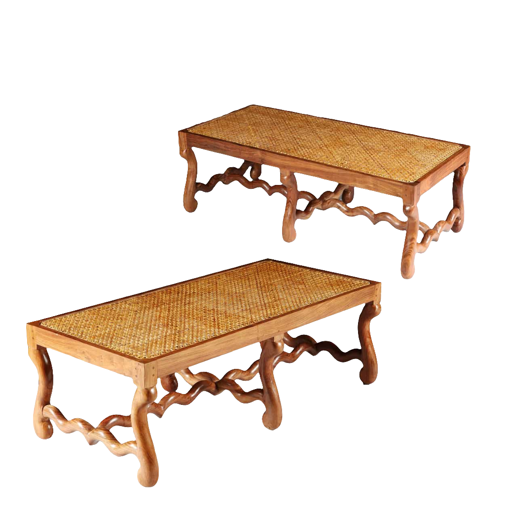 Pair of Os de Mouton Walnut Long Caned Benches