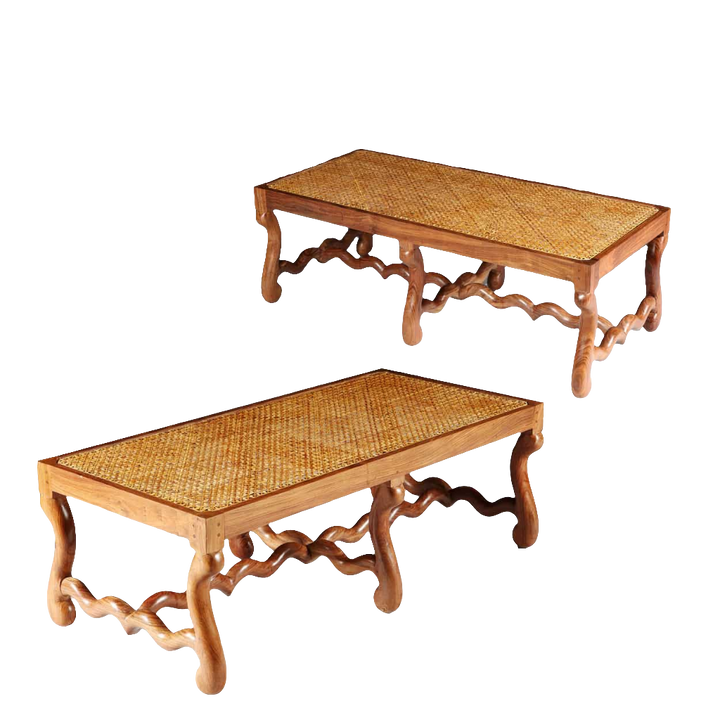 Pair of Os de Mouton Walnut Long Caned Benches