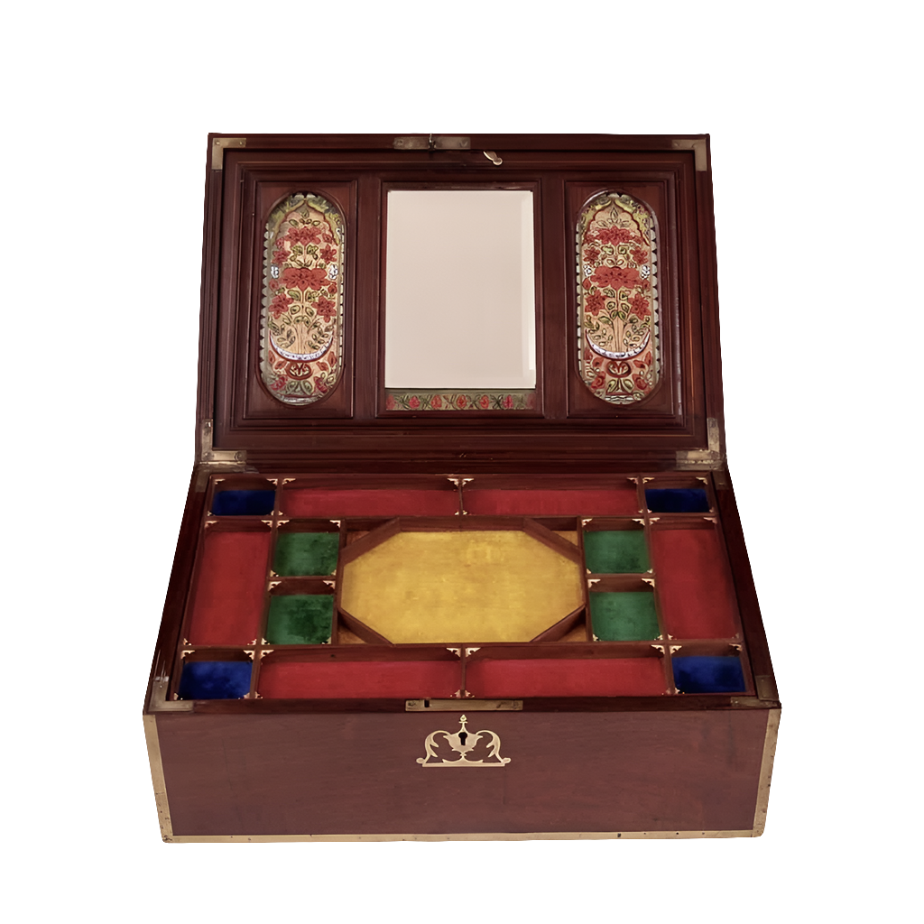 RARE EARLY 19TH CENTURY MUGHAL EMPEROR AKBAR SHAH II ROSEWOOD & BRASS INLAID FITTED TRAVELLING JEWELLERY CASKET