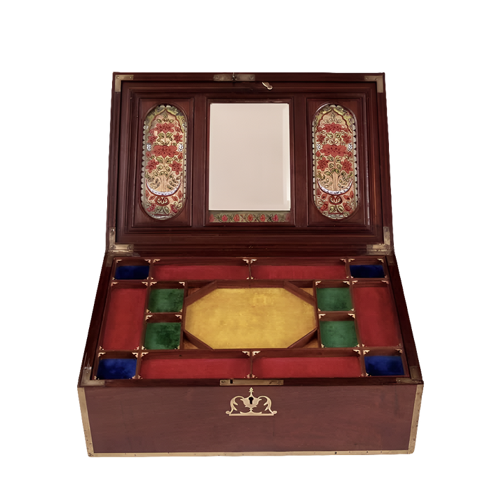 RARE EARLY 19TH CENTURY MUGHAL EMPEROR AKBAR SHAH II ROSEWOOD & BRASS INLAID FITTED TRAVELLING JEWELLERY CASKET