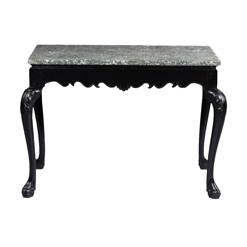Anglo Indian Ebonised Centre table with cabriole legs, paw feet, floral apron, and variegated green marble top.