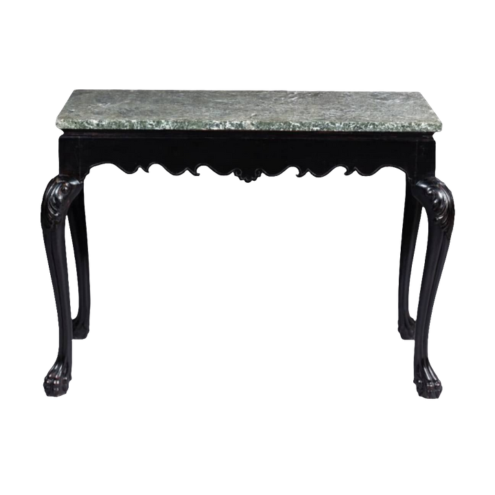 Anglo Indian Ebonised Centre table with cabriole legs, paw feet, floral apron, and variegated green marble top.