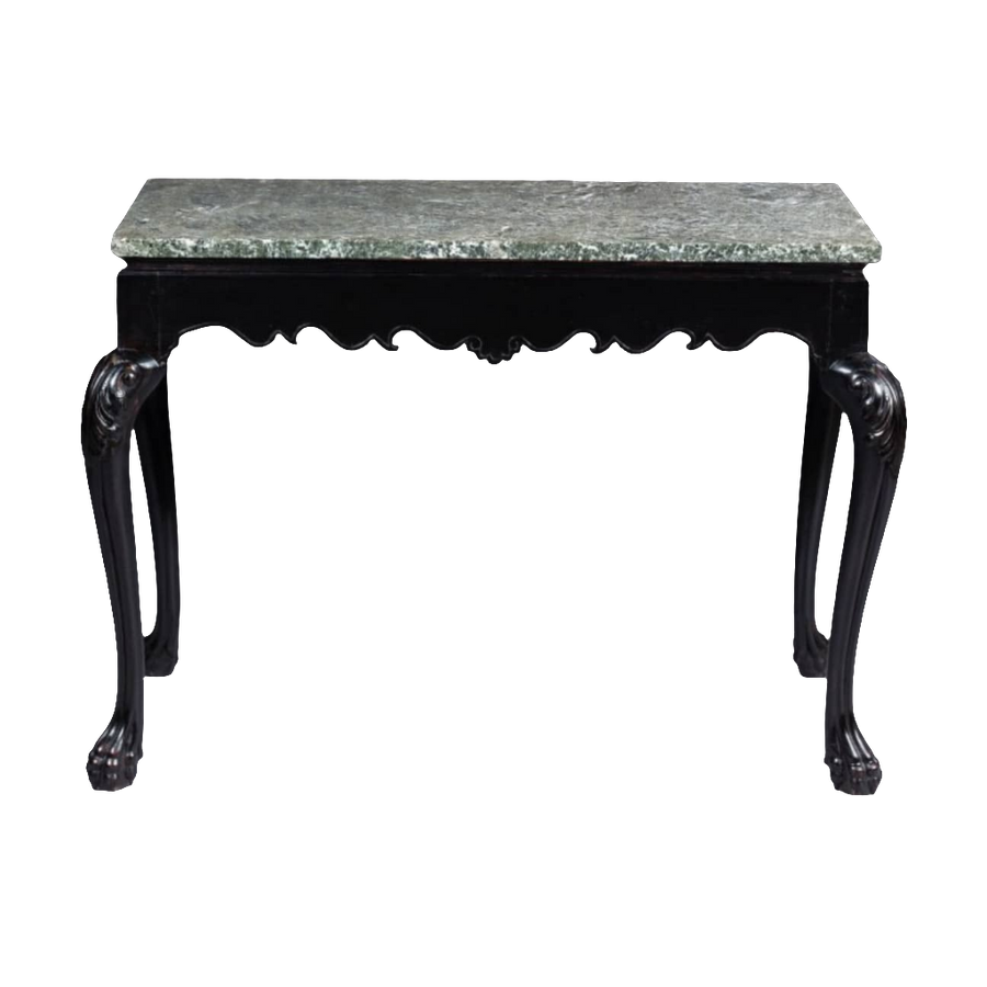 Anglo Indian Ebonised Centre table with cabriole legs, paw feet, floral apron, and variegated green marble top.