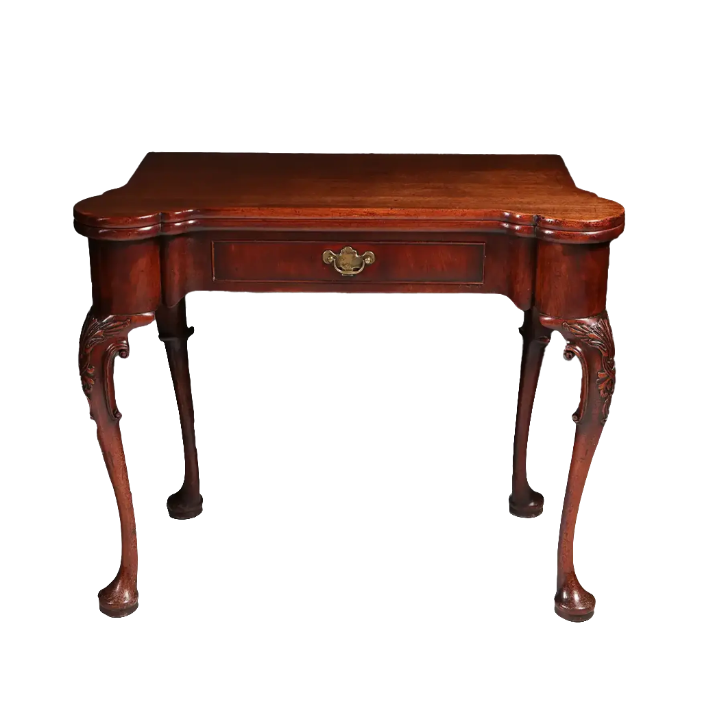 George II Mahogany Card Table with rounded corners, single drawer, cabriole legs, and acanthus detailing, circa 1735 England.
