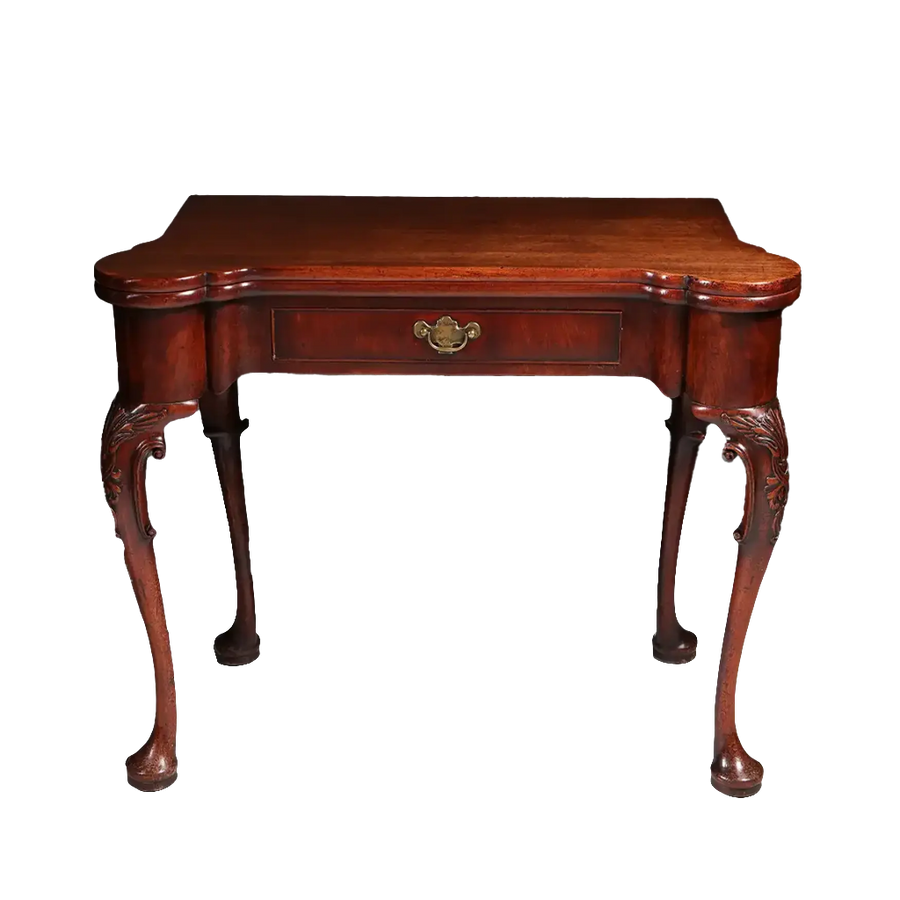 George II Mahogany Card Table with rounded corners, single drawer, cabriole legs, and acanthus detailing, circa 1735 England.