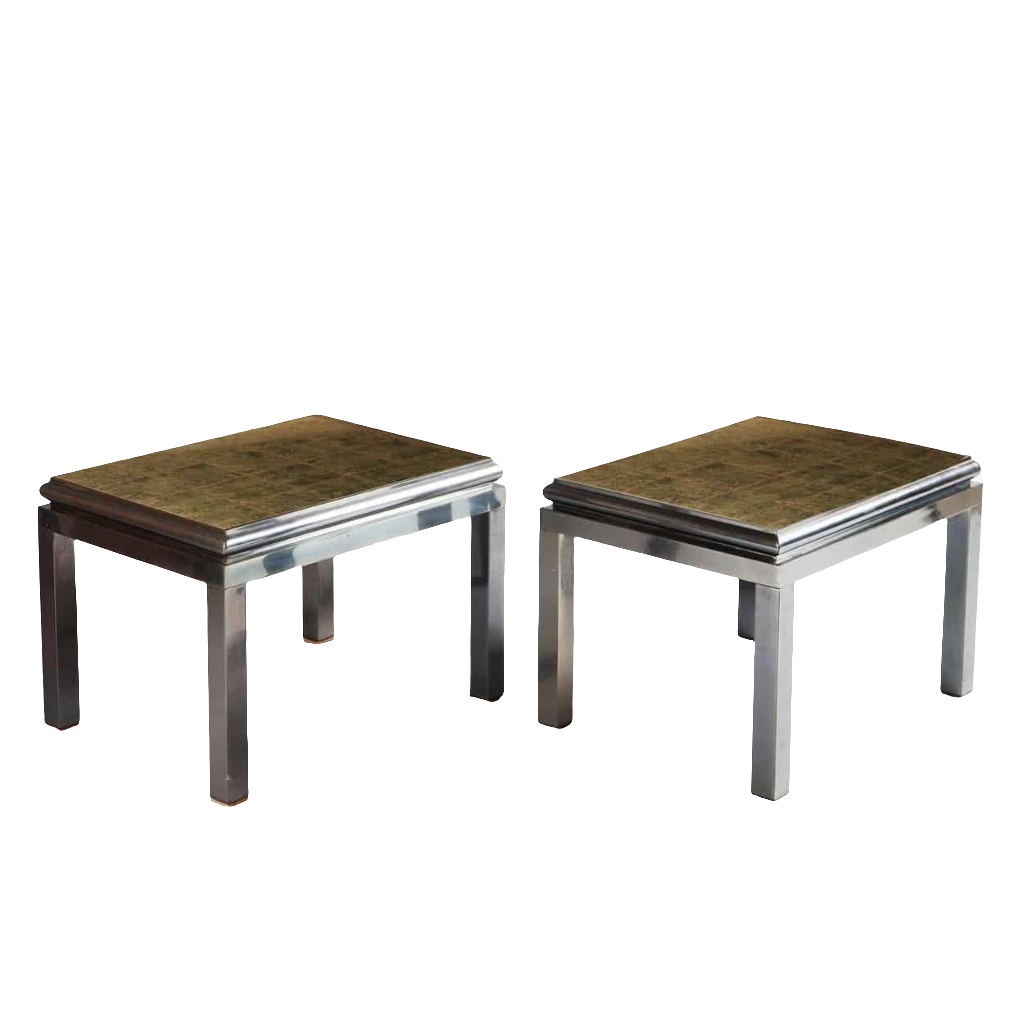 Maison Jansen Pair of Gunmetal End Tables by Guy Lefevre with eglomisé glass tops and polished gunmetal frame.
