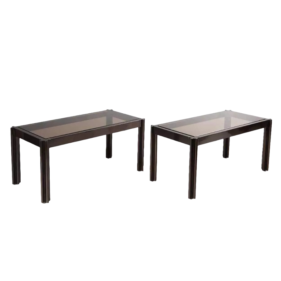 Pair of George Ciancimino low tables with bronze gun metal patinated frames and thick smokey glass tops circa 1975.