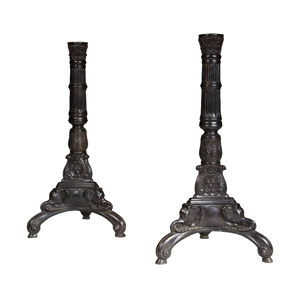 Pair of Solid Ebony Ceylonese Carved Candle Stands