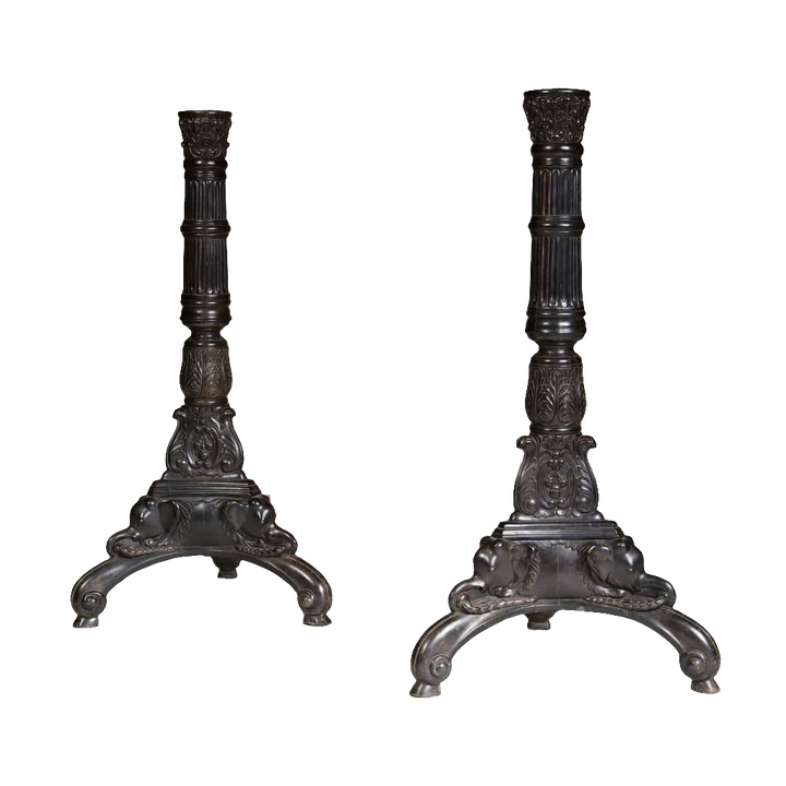 Pair of Solid Ebony Ceylonese Carved Candle Stands