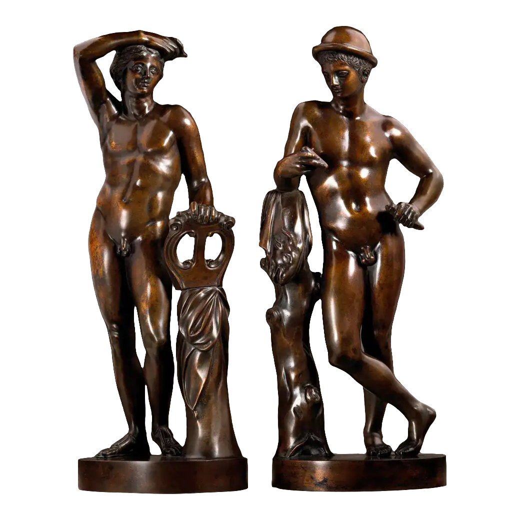 Pair of bronze sculptures Apollino and Mercury by Massimiliano Soldani Benzi, Italy, circa 1720, 32.5 cm tall.