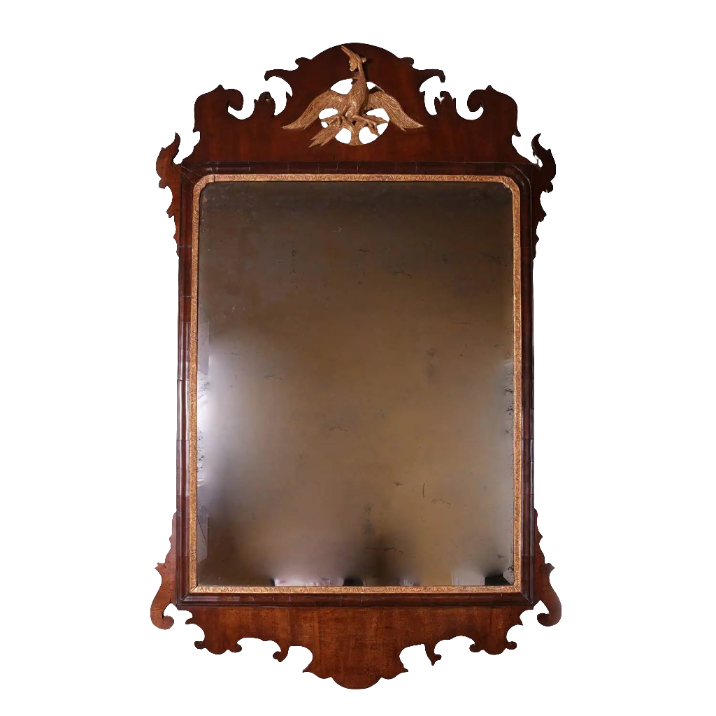 Fret-Cut George III Mahogany Veneered Mirror with Gilt Ho-Ho Bird, 1765, original hand bevelled Vauxhall plate.