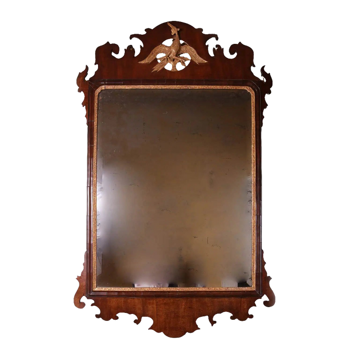 Fret-Cut George III Mahogany Veneered Mirror with Gilt Ho-Ho Bird, 1765, original hand bevelled Vauxhall plate.