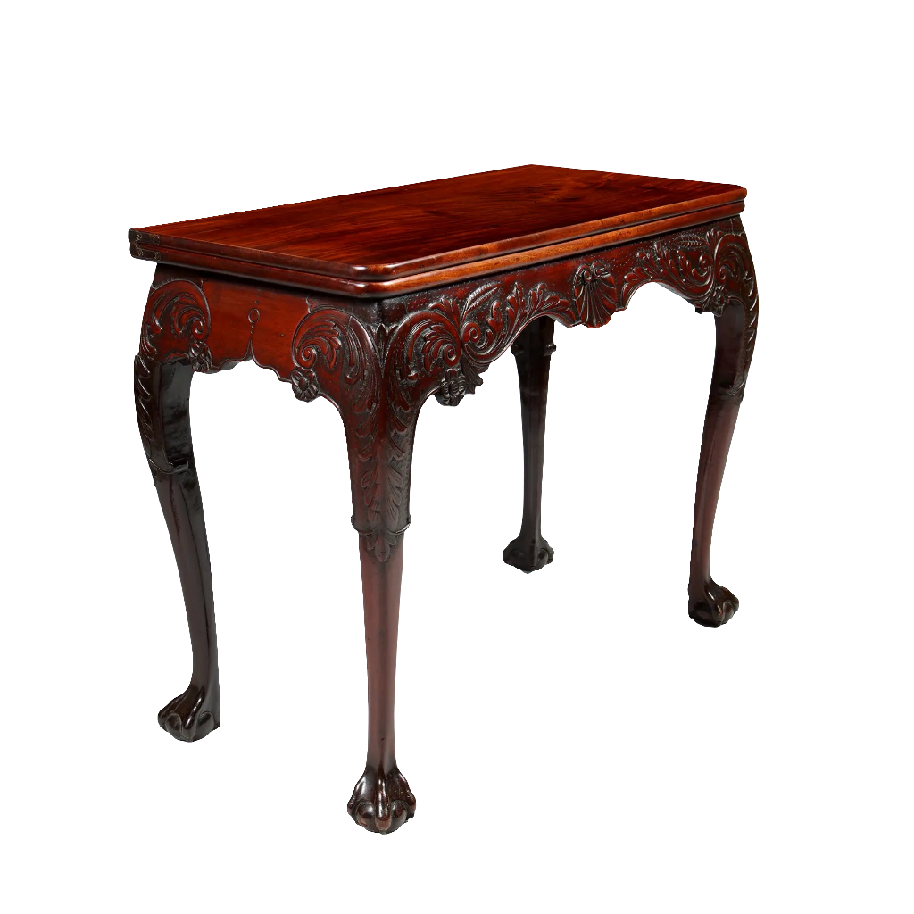 George II Irish Mahogany Card Table mid-18th century with carved frieze, cabriole legs, and ball claw feet.