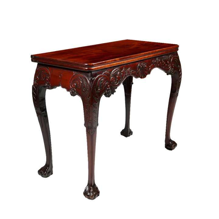 George II Irish Mahogany Card Table mid-18th century with carved frieze, cabriole legs, and ball claw feet.