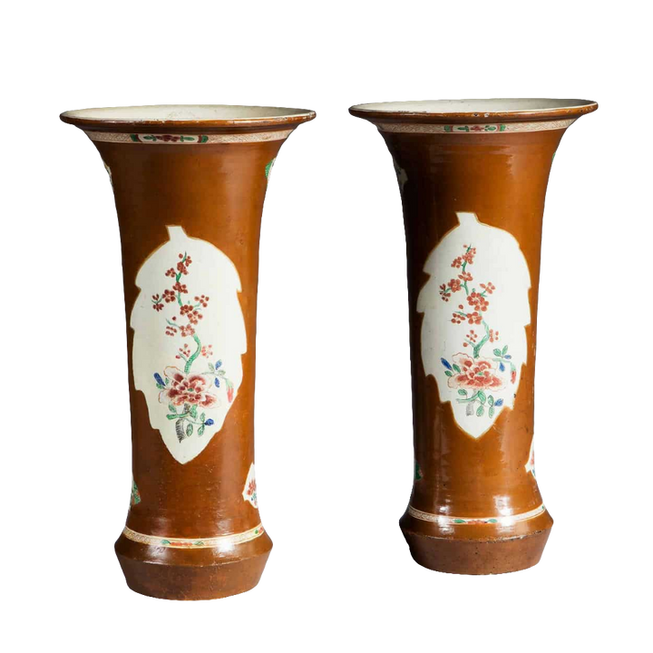 Pair Of Japanned Berlin Chinoiserie Wucai Batavia Trumpet Vases