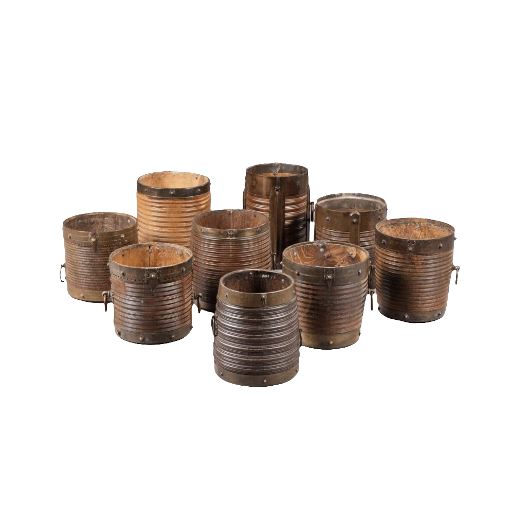 Collection of 9 brass bound rice measures