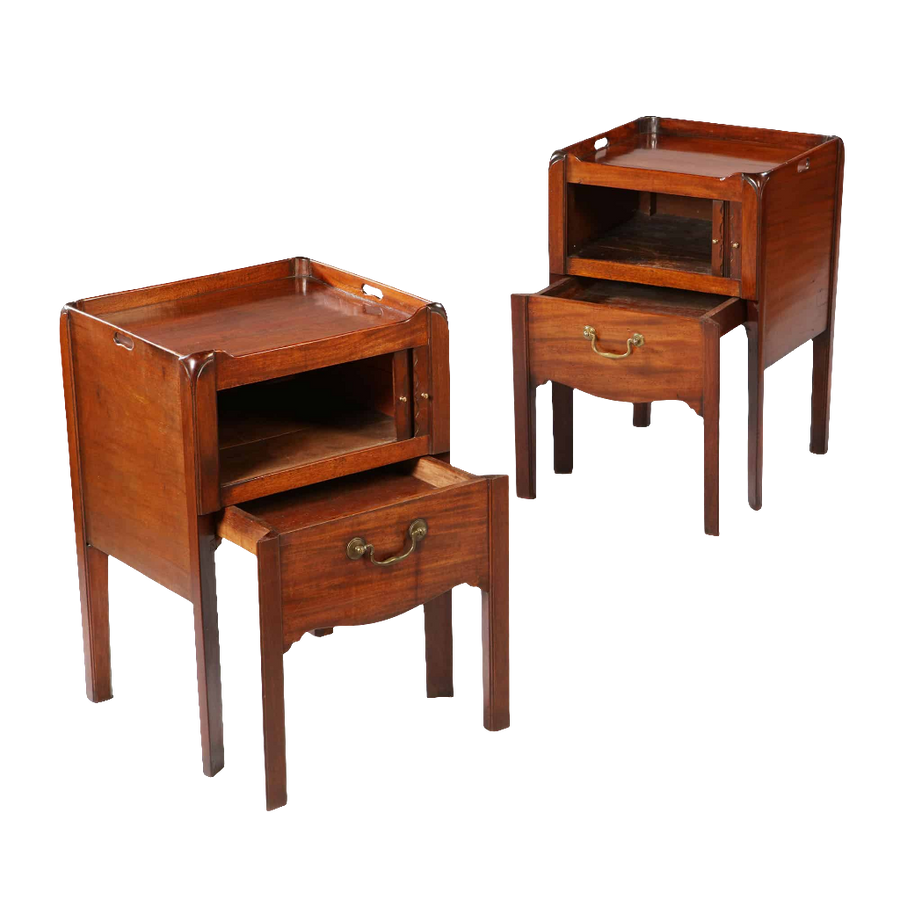 Pair of George III Period Tray Top Mahogany Bedside Cabinets with tambour doors and commode drawers, circa 1770s England.
