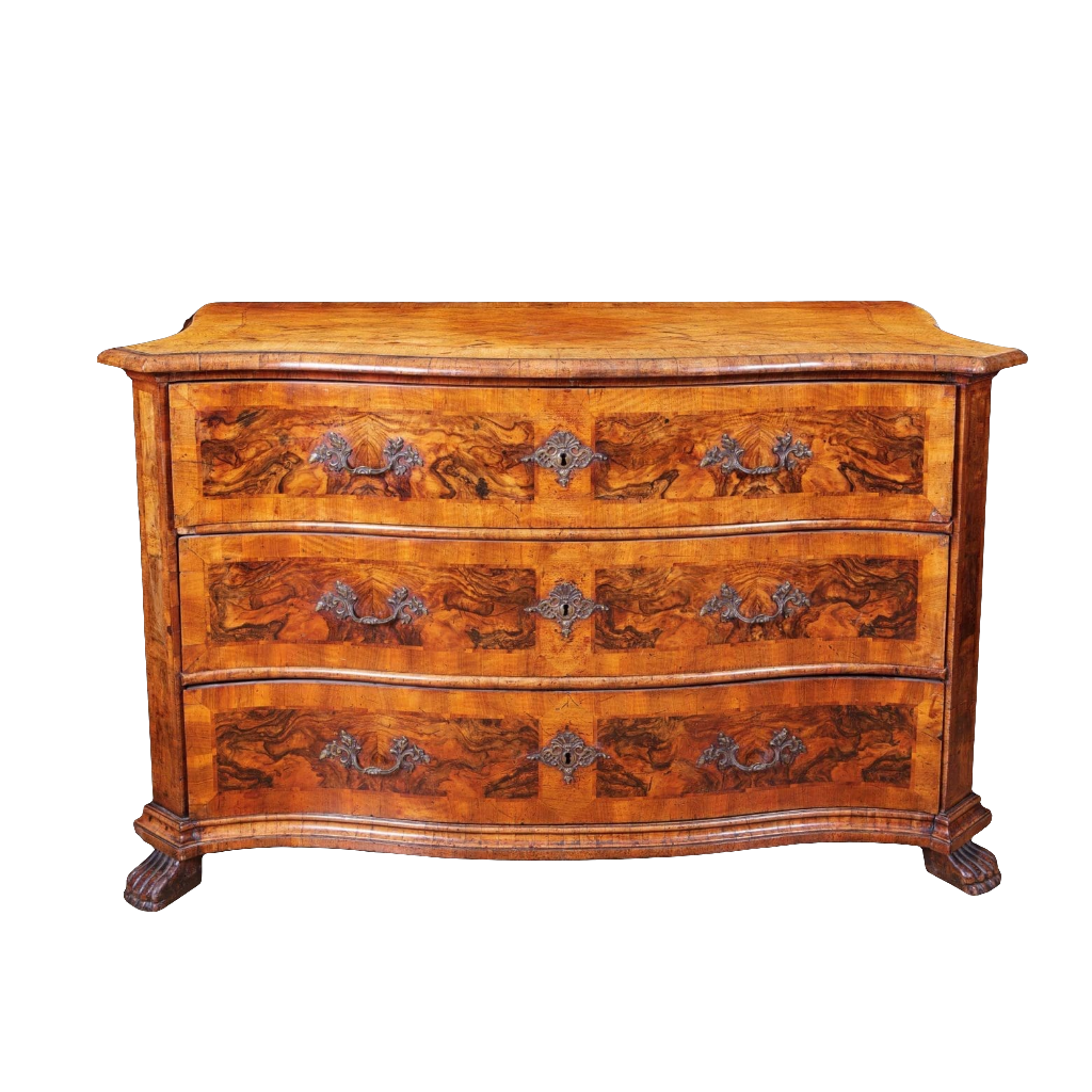 Early 18th Century Italian Walnut Commode with three drawers and ornate rococo handles on carved paw feet.