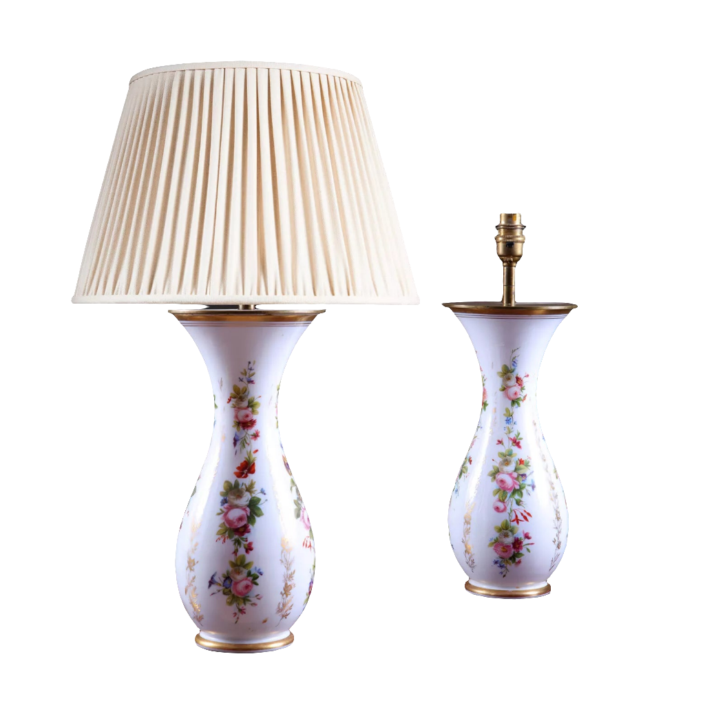 Pair of French Opaline Vases Mounted as Table Lamps with hand painted flowers and gilt foliate details.