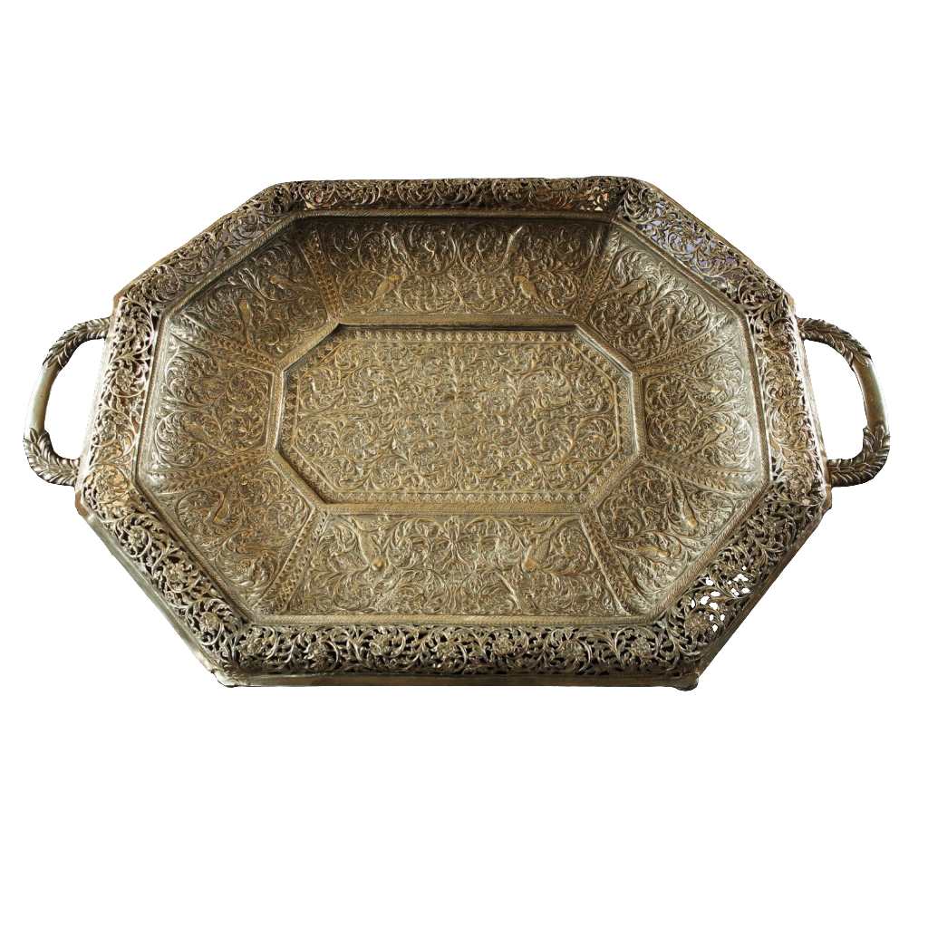 Large Indian Rajasthani Silver Pierced & Repousse Tray