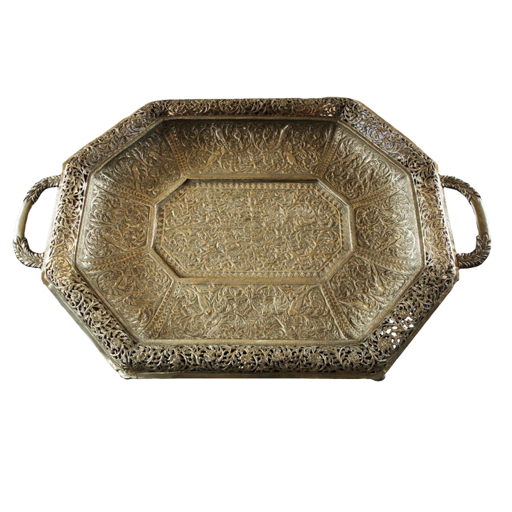 Large Indian Rajasthani Silver Pierced & Repousse Tray