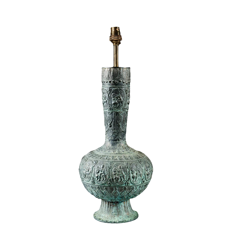 Indian Bronze Vase as a Table Lamp with 19th century deity reliefs and a bulbous body on a flared foot from India circa 1875.
