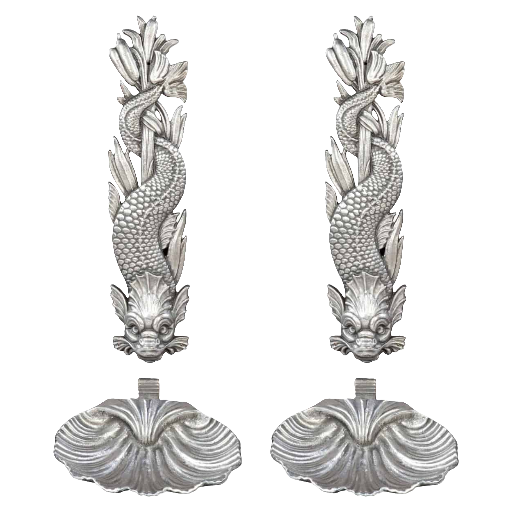 Two Cast Iron classical Dolphin Wall Fountains and shells