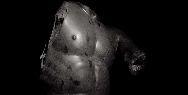 Black Basalt Statue ‘The Scraper’ Torso after Lysippos Apoxyomenos, large carved black basalt torso in contrapposto pose.