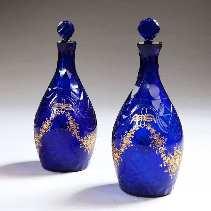 Pair Of Blue Glass Facet Cut Decanters