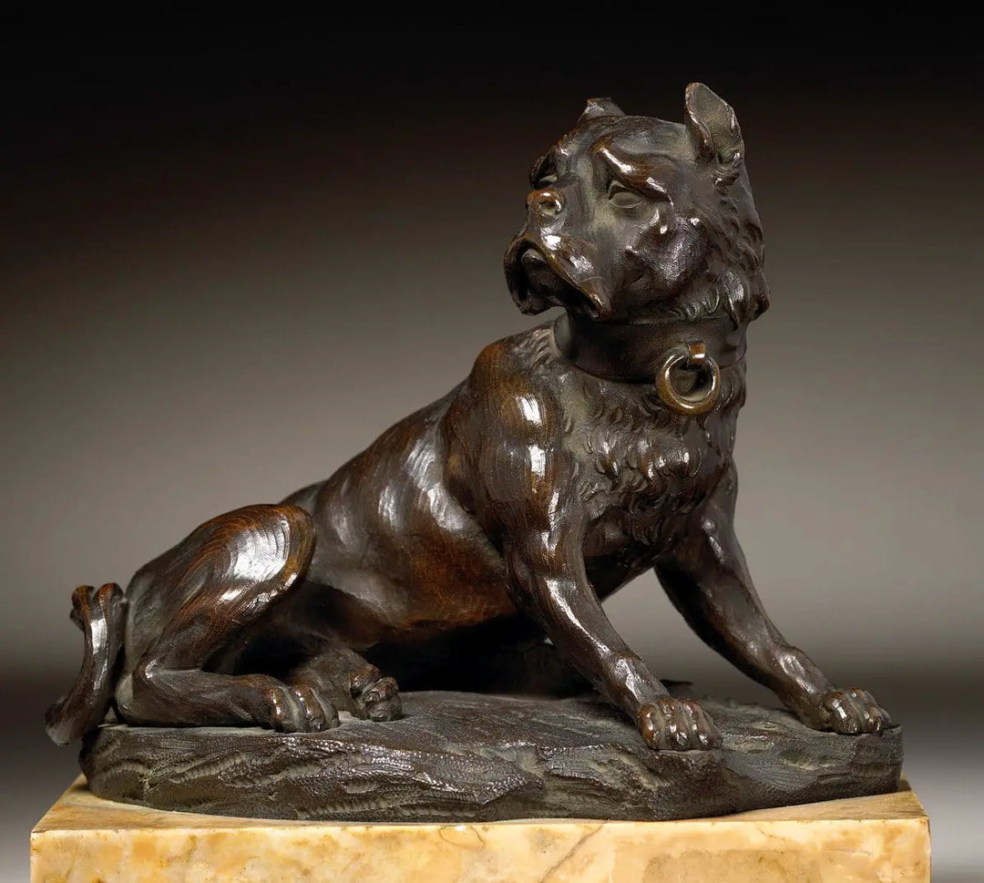 Grand Tour Bronze Recumbent Mastiff Dog sculpture lying down on a Siena marble plinth circa 1830.