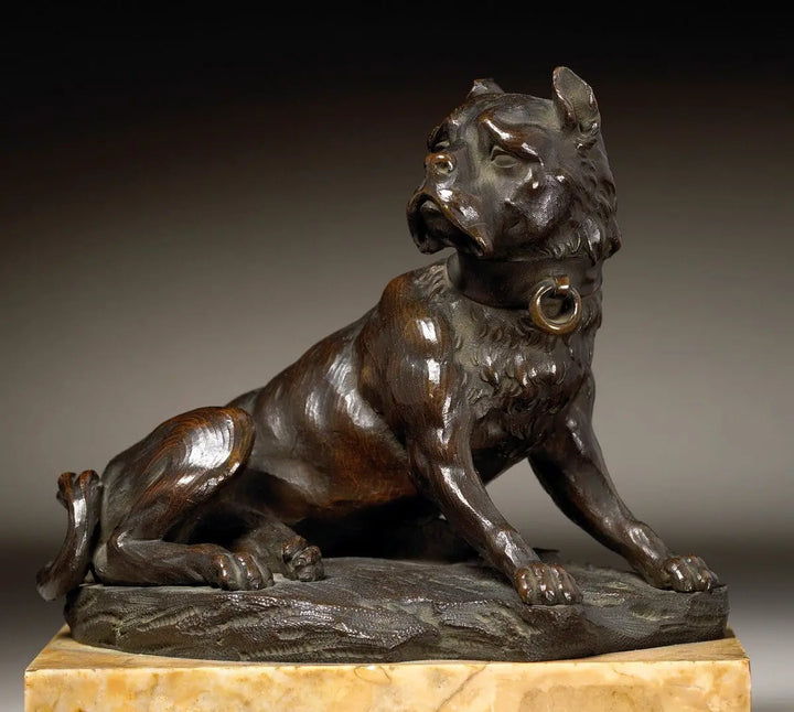 Grand Tour Bronze Recumbent Mastiff Dog sculpture lying down on a Siena marble plinth circa 1830.