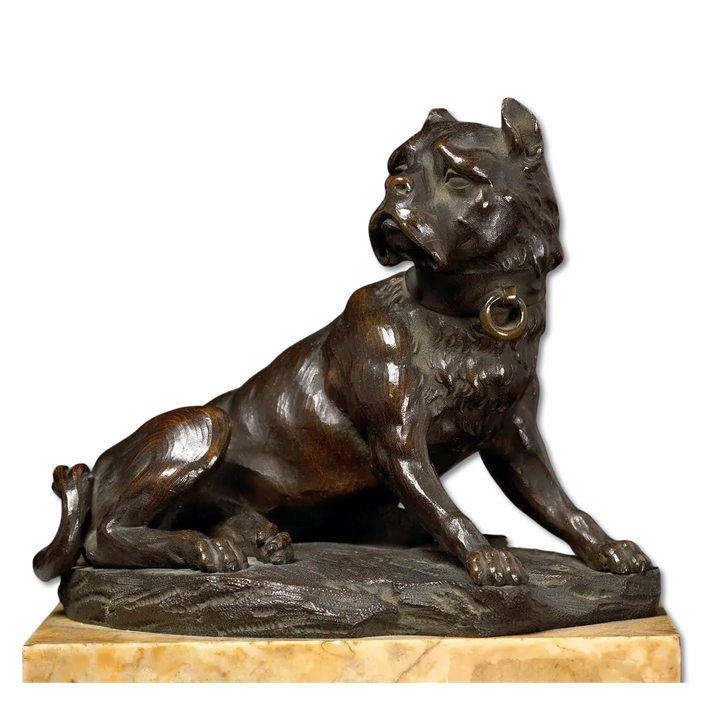 Grand Tour Bronze Recumbent Mastiff Dog sculpture on Siena marble plinth, 19th century French antique artwork.