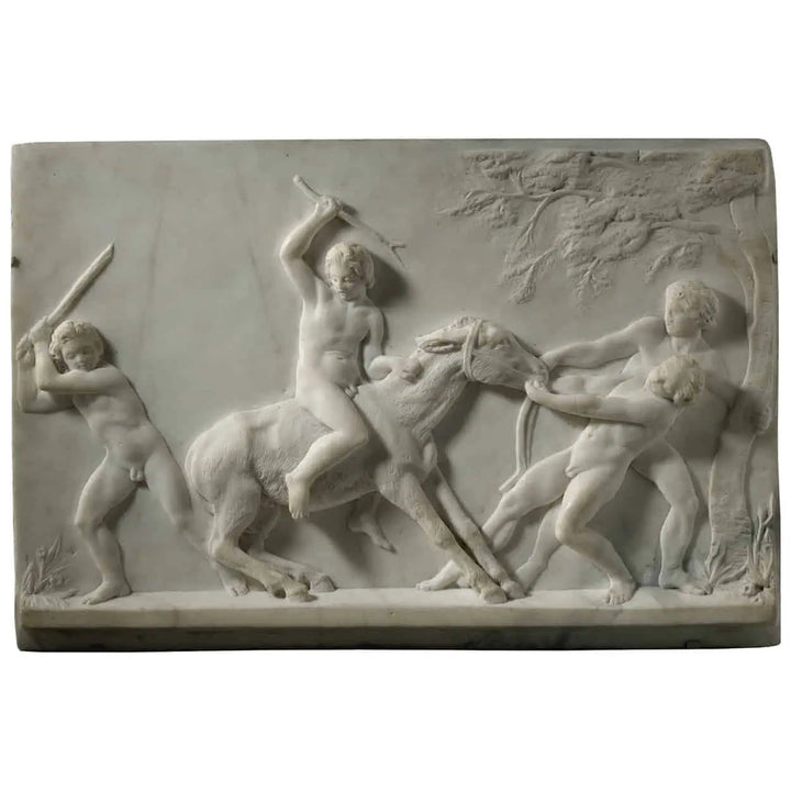 Carlo Uboldi mid 19th-century Italian marble relief plaque of four boys playing with a donkey.