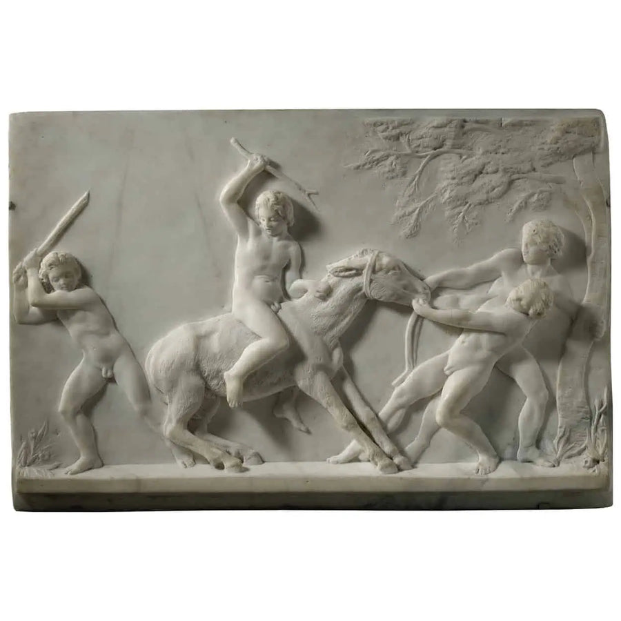 Carlo Uboldi mid 19th-century Italian marble relief plaque of four boys playing with a donkey.
