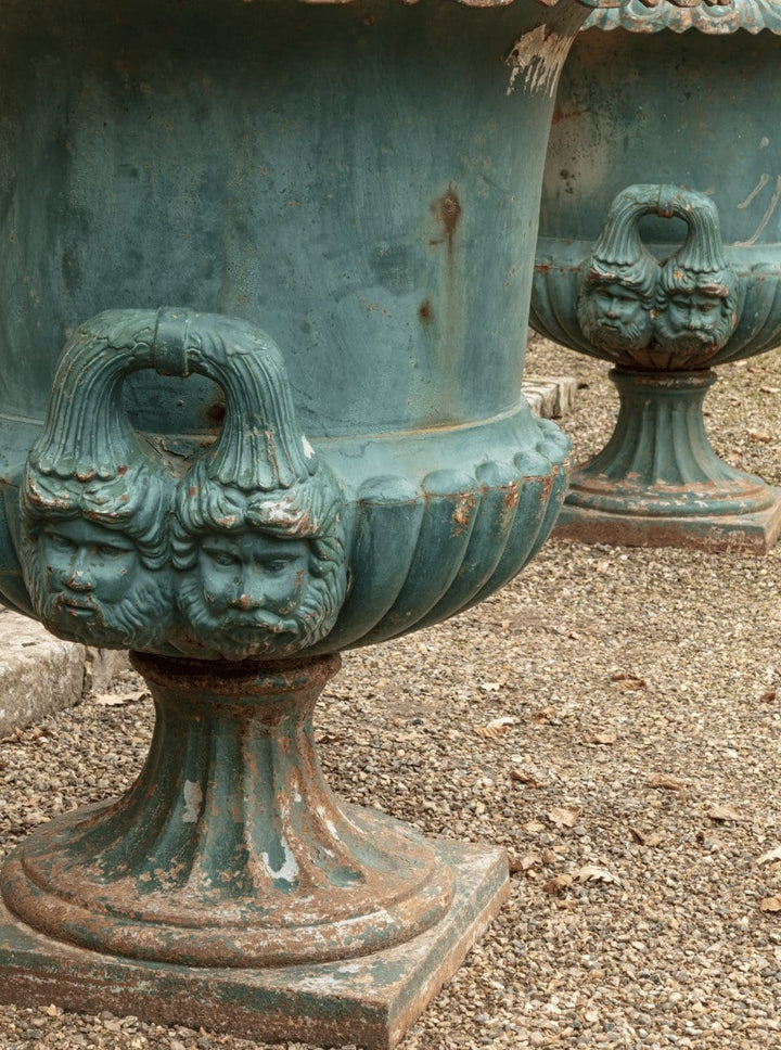 Pair of Monumental Bell shaped Krater Garden Vases in Cast Iron