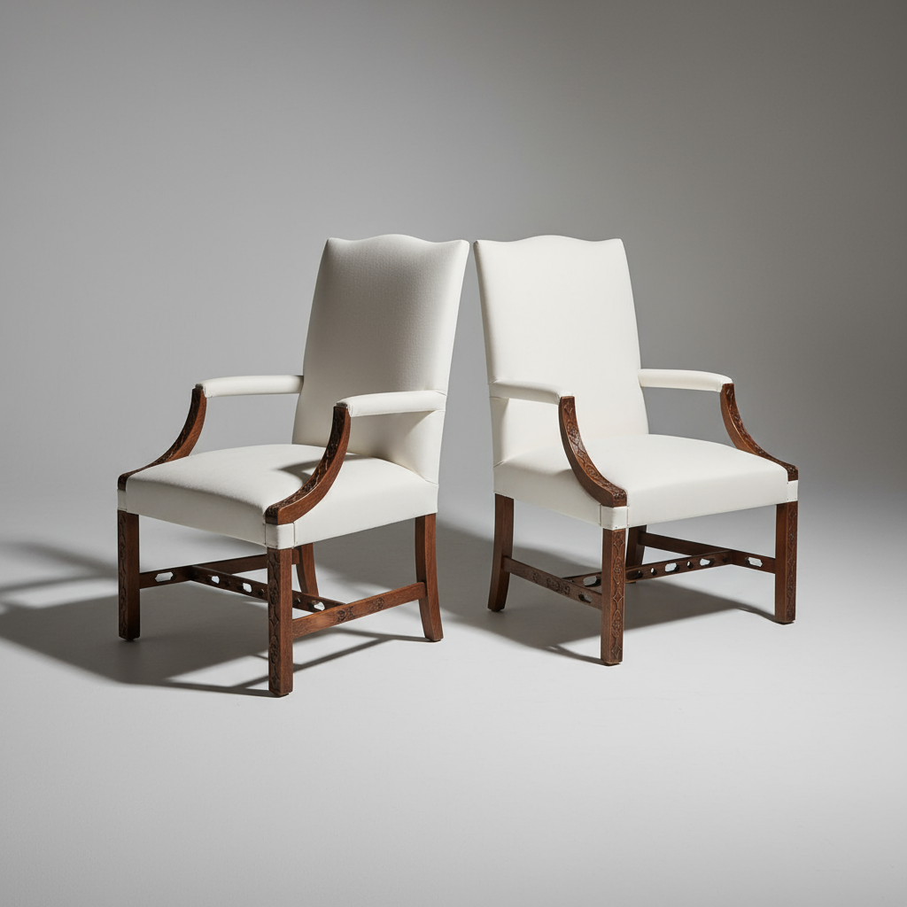 Pair of George III Library Armchairs circa 1770 with white upholstery and wooden frames by Collection CK10