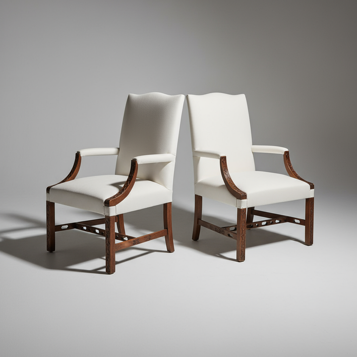 Pair of George III Library Armchairs circa 1770 with white upholstery and wooden frames by Collection CK10