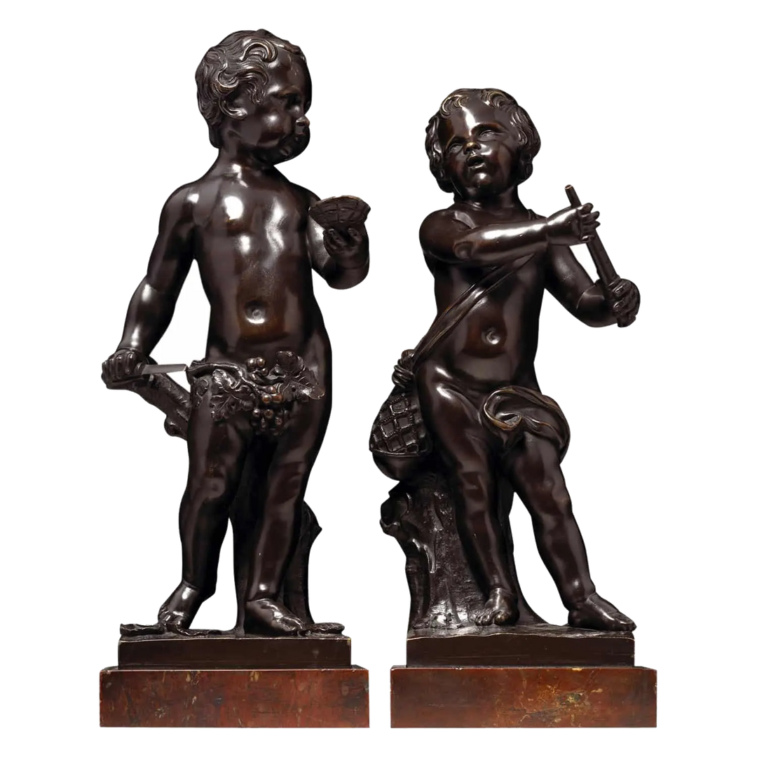 A Pair Of Bronze Cherubs On Marble Bases, 18th-century Flemish sculptures of cherubs with musical and oyster shell details.
