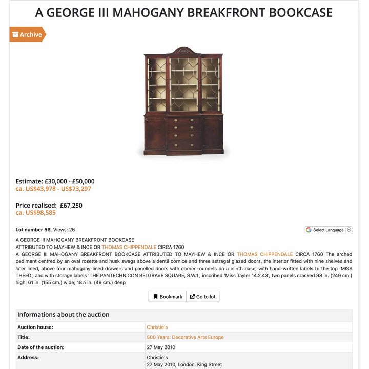 Ince and Mayhew George III Secretaire Breakfront Bookcase mahogany antique with glazed doors and drawers circa 1775