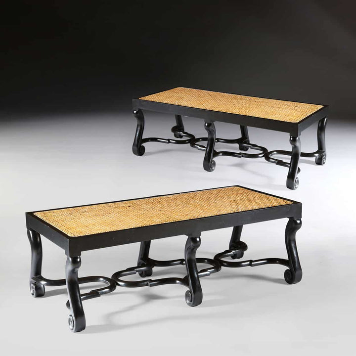 Pair of Ebonised Benches with Jacobean Stretchers