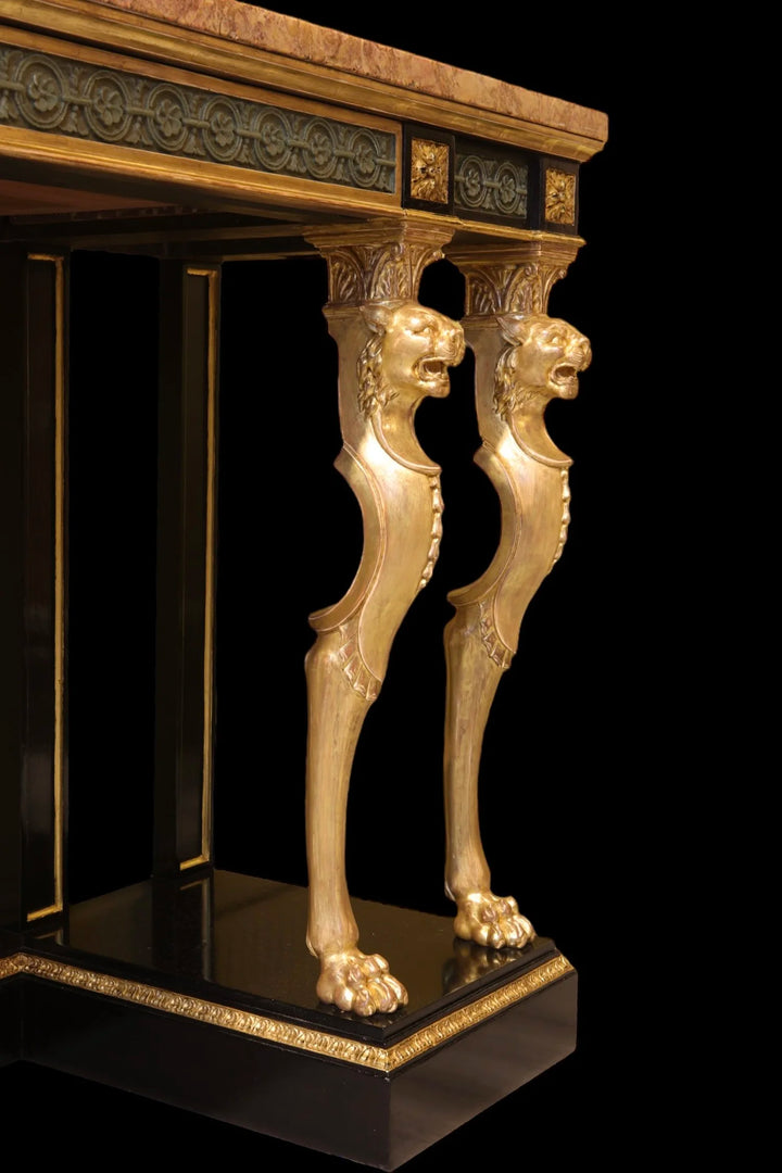 A 19th C Holland and Sons Giltwood, Ebonised, Marble Top Console Table