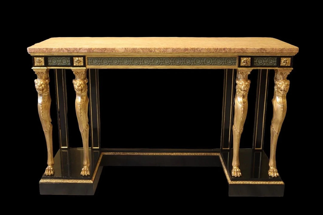 A 19th C Holland and Sons Giltwood, Ebonised, Marble Top Console Table