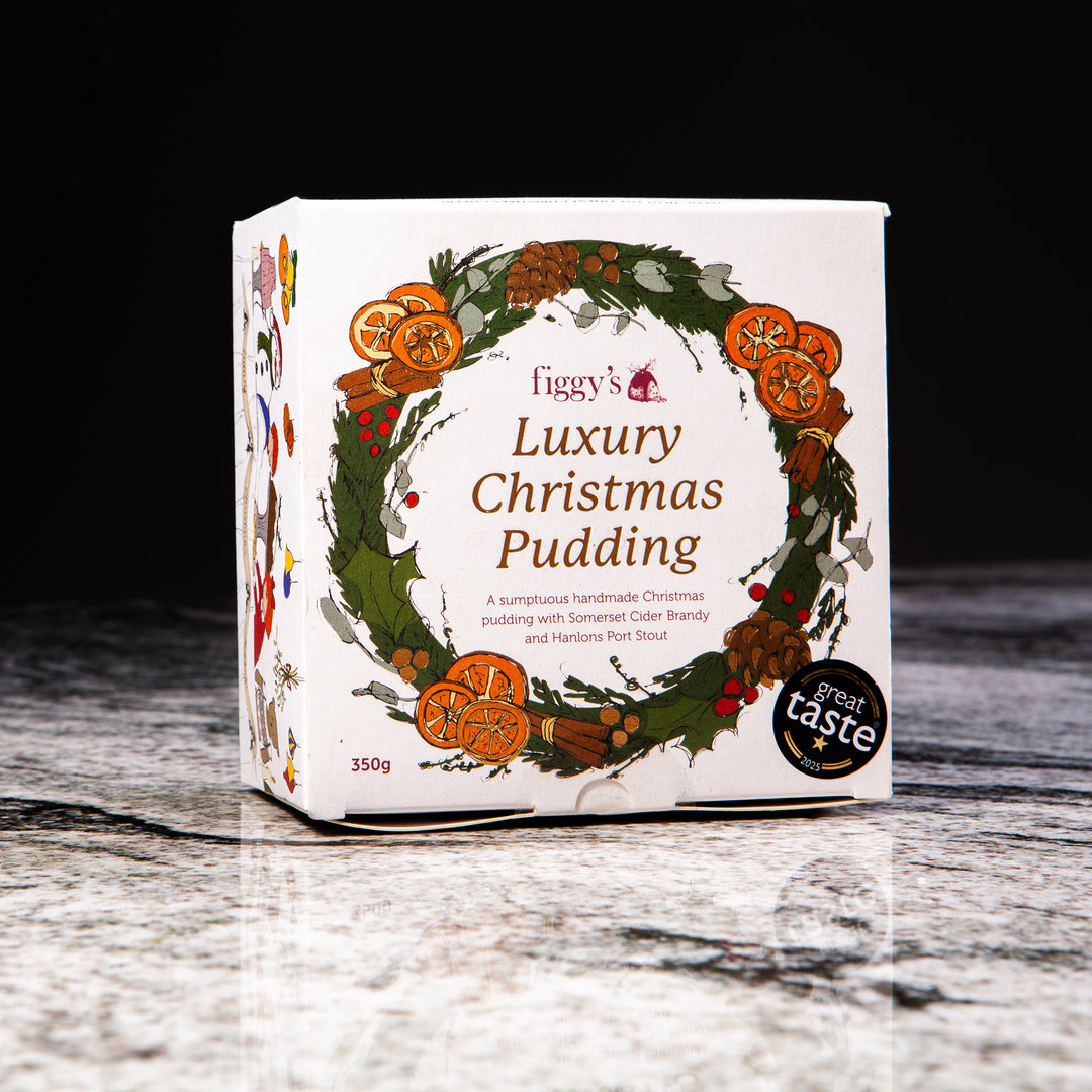 Luxury Christmas Pudding by Nicholas Wells Antiques with Somerset Cider Brandy and Harlons Port Stout in decorative packaging