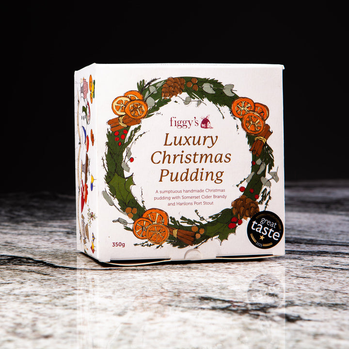 Luxury Christmas Pudding by Nicholas Wells Antiques with Somerset Cider Brandy and Harlons Port Stout in decorative packaging